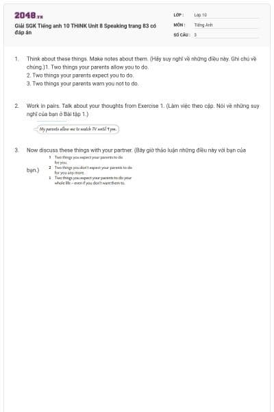 Giải SGK Tiếng anh 10 THiNK Unit 8 Speaking trang 83 có đáp án