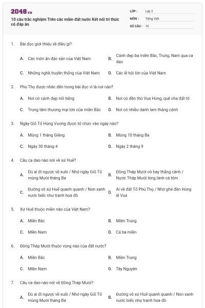 10 câu trắc nghiệm Trên các miền đất nước Kết nối tri thức có đáp án