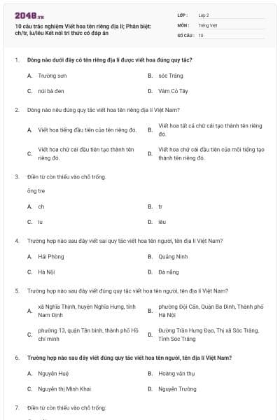 10 câu trắc nghiệm Viết hoa tên riêng địa lí; Phân biệt: ch/tr, iu/iêu Kết nối tri thức có đáp án