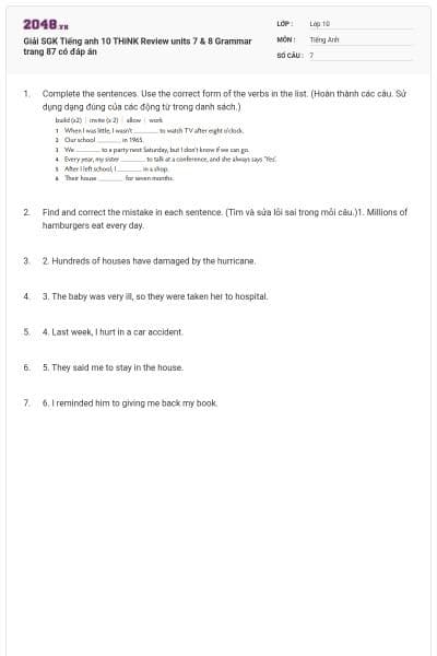 Giải SGK Tiếng anh 10 THiNK Review units 7 & 8 Grammar trang 87 có đáp án