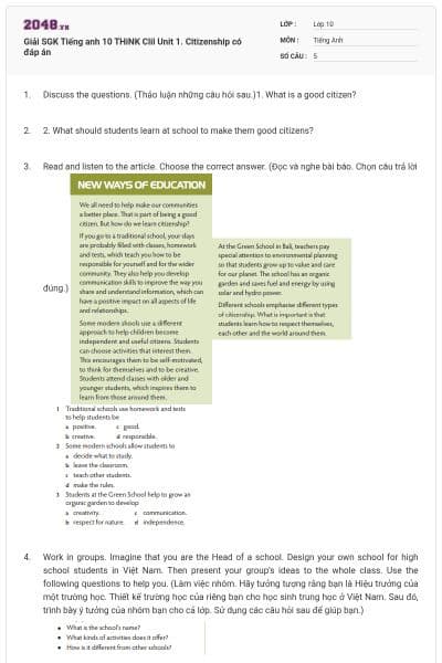 Giải SGK Tiếng anh 10 THiNK Clil Unit 1. Citizenship có đáp án