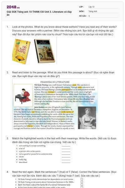Giải SGK Tiếng anh 10 THiNK Clil Unit 3. Literature có đáp án