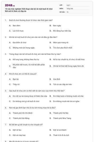 10 câu trắc nghiệm Viết đoạn văn kể về một buổi đi chơi Kết nối tri thức có đáp án