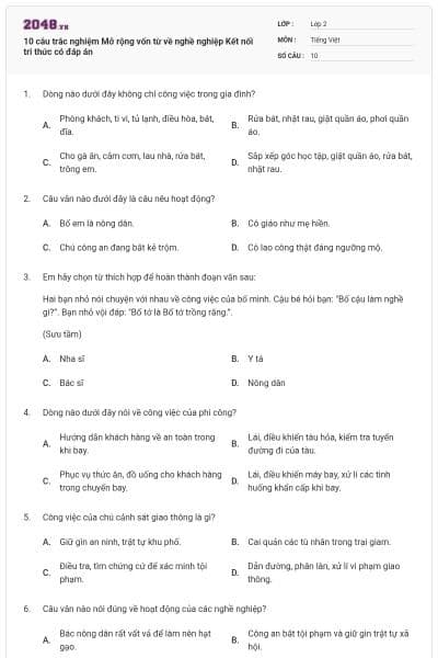 10 câu trắc nghiệm Mở rộng vốn từ về nghề nghiệp Kết nối tri thức có đáp án