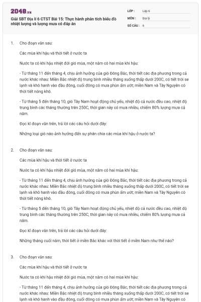 Giải SBT Địa lí 6 CTST Bài 15: Thực hành phân tích biểu đồ nhiệt lượng và lượng mưa có đáp án
