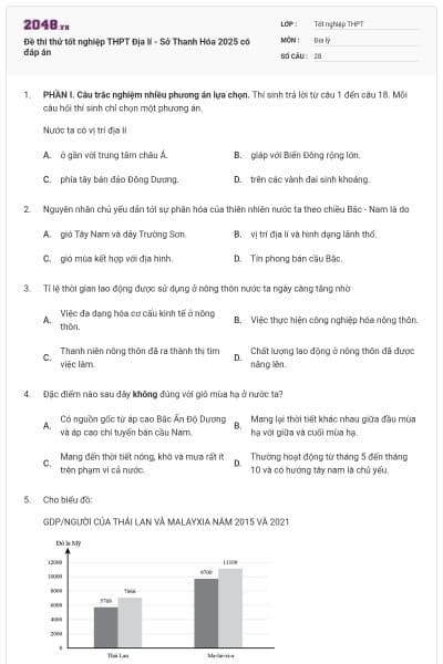 Đề thi thử tốt nghiệp THPT Địa lí - Sở Thanh Hóa 2025 có đáp án