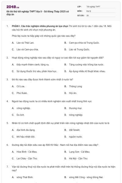 Đề thi thử tốt nghiệp THPT Địa lí - Sở Đồng Tháp 2025 có đáp án