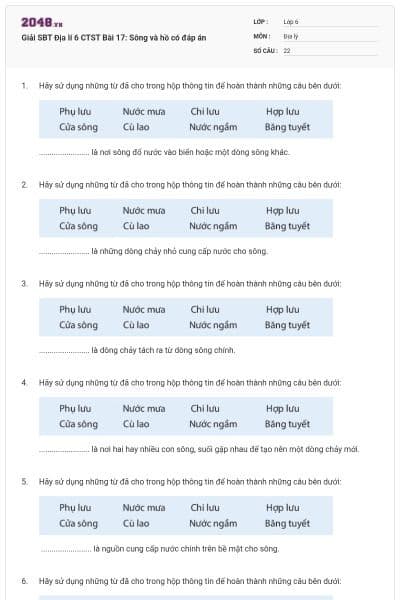 Giải SBT Địa lí 6 CTST Bài 17: Sông và hồ có đáp án