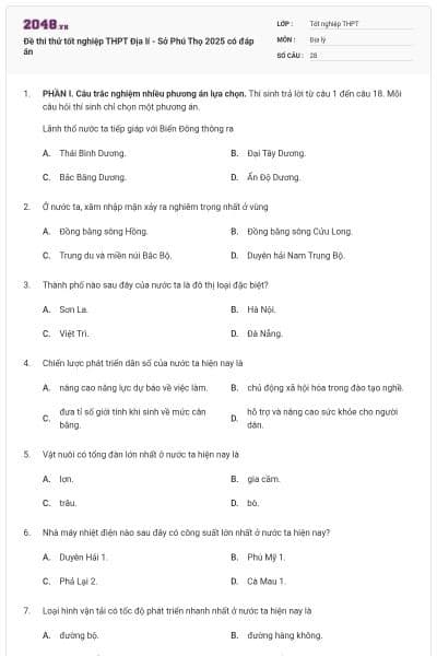 Đề thi thử tốt nghiệp THPT Địa lí - Sở Phú Thọ 2025 có đáp án