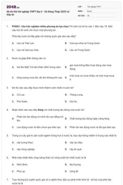 Đề thi thử tốt nghiệp THPT Địa lí - Sở Đồng Tháp 2025 có đáp án