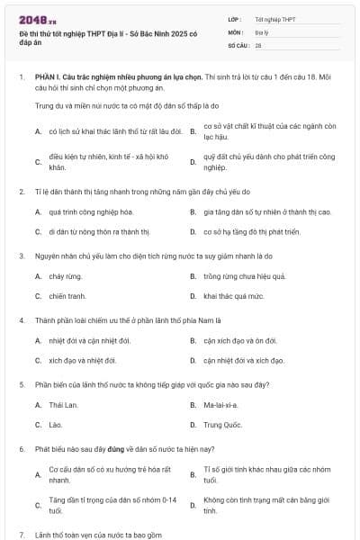 Đề thi thử tốt nghiệp THPT Địa lí - Sở Bắc Ninh 2025 có đáp án