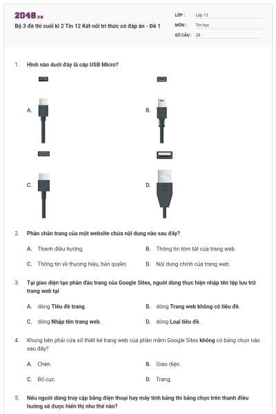 Bộ 3 đề thi cuối kì 2 Tin 12 Kết nối tri thức có đáp án - Đề 1