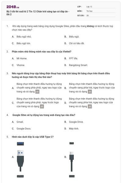 Bộ 3 đề thi cuối kì 2 Tin 12 Chân trời sáng tạo có đáp án - Đề 2