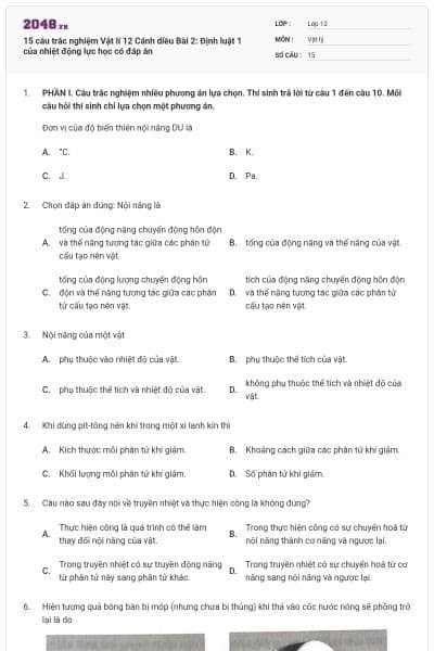 15 câu trắc nghiệm Vật lí 12 Cánh diều Bài 2: Định luật 1 của nhiệt động lực học có đáp án