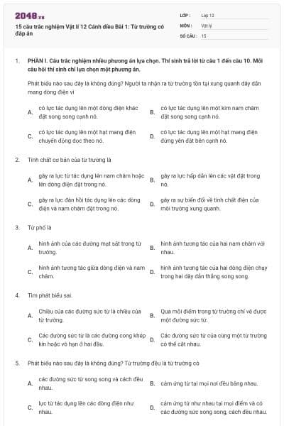15 câu trắc nghiệm Vật lí 12 Cánh diều Bài 1: Từ trường có đáp án