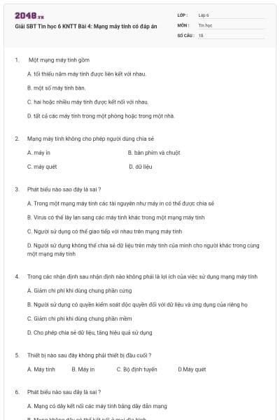 Giải SBT Tin học 6 KNTT Bài 4: Mạng máy tính có đáp án