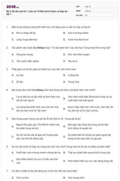 Bộ 2 đề thi cuối kì 1 Lịch sử 10 Kết nối tri thức có đáp án - Đề 1