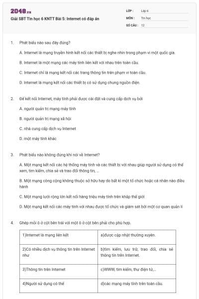 Giải SBT Tin học 6 KNTT Bài 5: Internet có đáp án