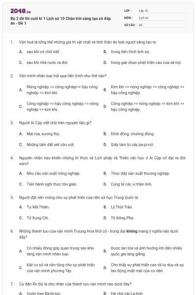 Bộ 2 đề thi cuối kì 1 Lịch sử 10 Chân trời sáng tạo có đáp án - Đề 1