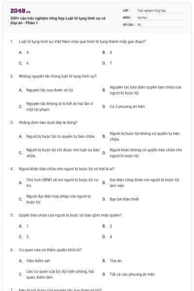 500+ câu trắc nghiệm tổng hợp Luật tố tụng hình sự có đáp án - Phần 1