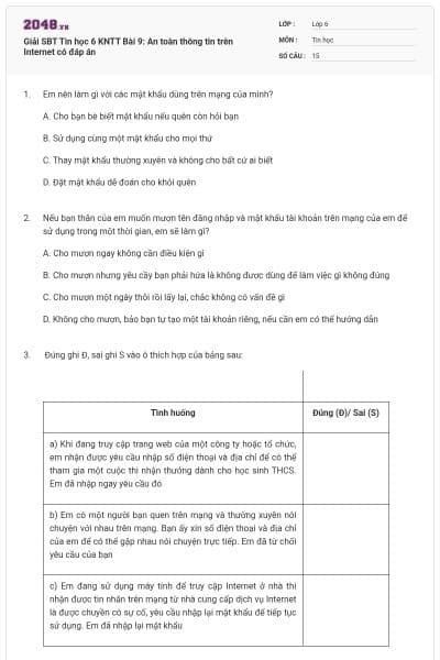 Giải SBT Tin học 6 KNTT Bài 9: An toàn thông tin trên Internet có đáp án