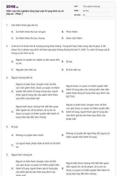 500+ câu trắc nghiệm tổng hợp Luật tố tụng hình sự có đáp án - Phần 7
