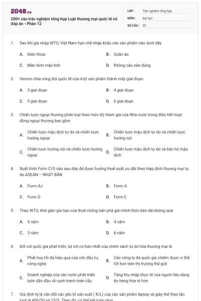 200+ câu trắc nghiệm tổng hợp Luật thương mại quốc tế có đáp án - Phần 12