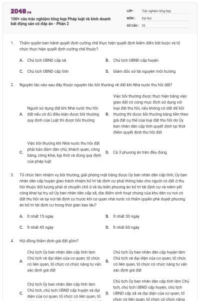 100+ câu trắc nghiệm tổng hợp Pháp luật về kinh doanh bất động sản có đáp án - Phần 2