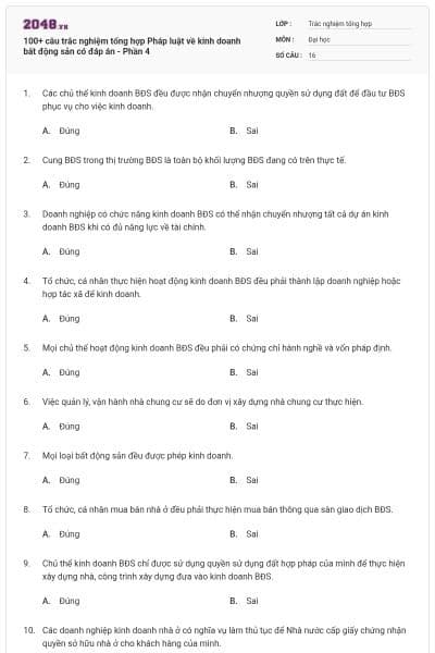 100+ câu trắc nghiệm tổng hợp Pháp luật về kinh doanh bất động sản có đáp án - Phần 4