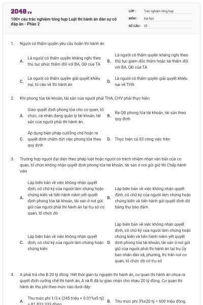 100+ câu trắc nghiệm tổng hợp Luật thi hành án dân sự có đáp án - Phần 2