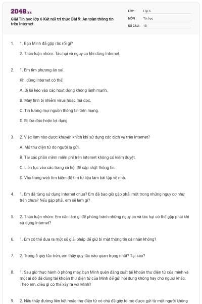 Giải Tin học lớp 6 Kết nối tri thức Bài 9: An toàn thông tin trên Internet
