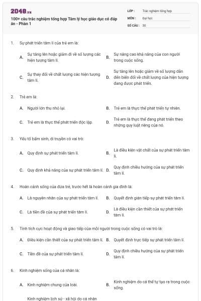 100+ câu trắc nghiệm tổng hợp Tâm lý học giáo dục có đáp án - Phần 1