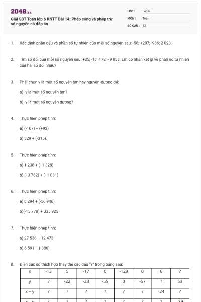 Giải SBT Toán lớp 6 KNTT Bài 14: Phép cộng và phép trừ số nguyên có đáp án