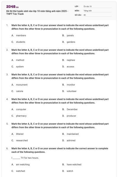 Đề thi thử tuyển sinh vào lớp 10 môn tiếng anh năm 2025 - THPT Tức Tranh