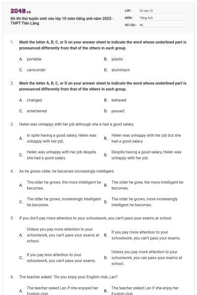 Đề thi thử tuyển sinh vào lớp 10 môn tiếng anh năm 2025 - THPT Tiên Lãng