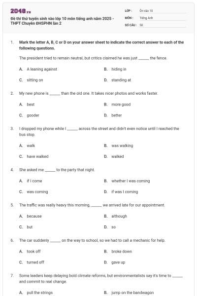 Đề thi thử tuyển sinh vào lớp 10 môn tiếng anh năm 2025 - THPT Chuyên ĐHSPHN lần 2