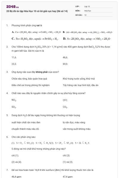 20 Bộ đề ôn tập Hóa Học 10 có lời giải cực hay (Đề số 14)