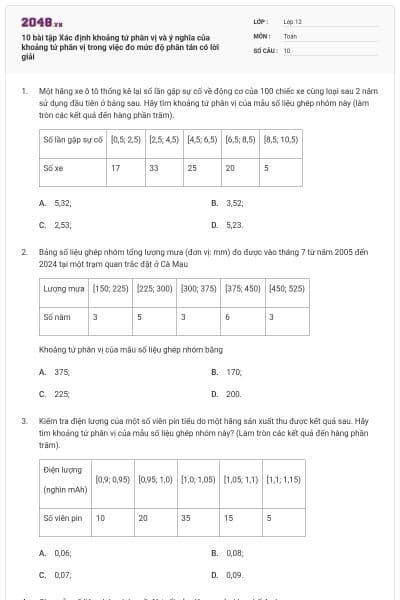 10 bài tập Xác định khoảng tứ phân vị và ý nghĩa của khoảng tứ phân vị trong việc đo mức độ phân tán có lời giải