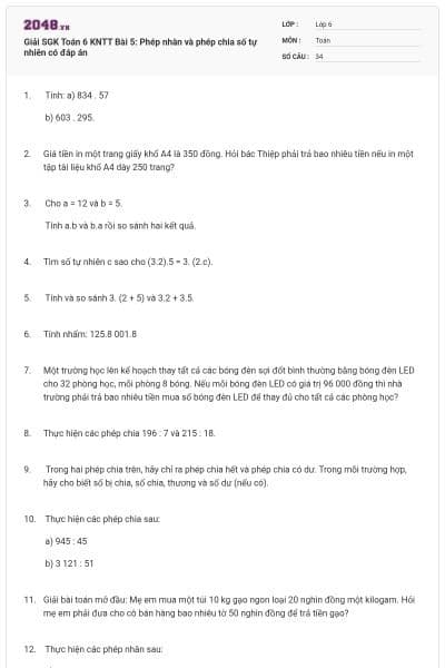 Giải SGK Toán 6 KNTT Bài 5: Phép nhân và phép chia số tự nhiên có đáp án