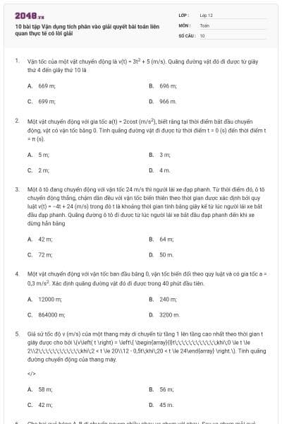 10 bài tập Vận dụng tích phân vào giải quyết bài toán liên quan thực tế có lời giải