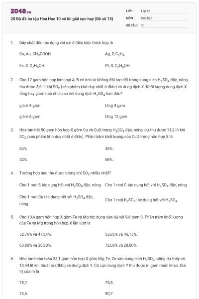 20 Bộ đề ôn tập Hóa Học 10 có lời giải cực hay (Đề số 15)