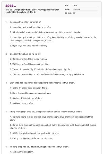 Giải SBT Công nghệ 6 KNTT Bài 5: Phương pháp bảo quản và chế biến thực phẩm có đáp án
