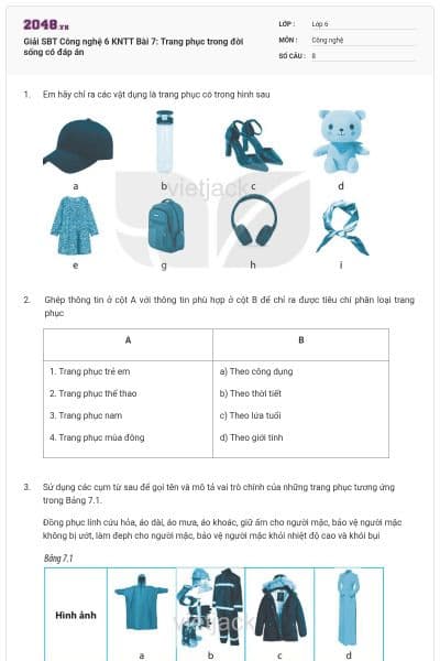 Giải SBT Công nghệ 6 KNTT Bài 7: Trang phục trong đời sống có đáp án