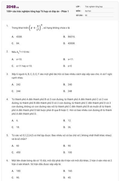 100+ câu trắc nghiệm tổng hợp Tổ hợp có đáp án - Phần 1