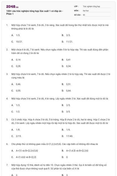 100+ câu trắc nghiệm tổng hợp Xác suất 1 có đáp án - Phần 1