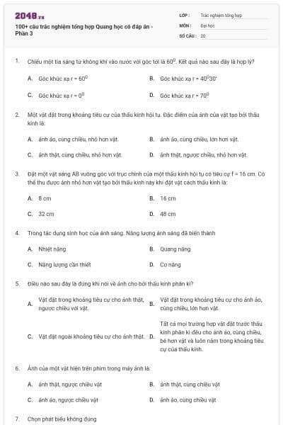 100+ câu trắc nghiệm tổng hợp Quang học có đáp án - Phần 3