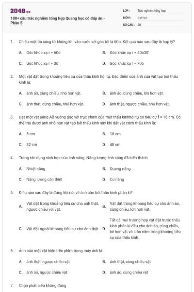 100+ câu trắc nghiệm tổng hợp Quang học có đáp án - Phần 5