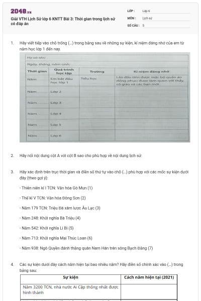 Giải VTH Lịch Sử lớp 6 KNTT Bài 3: Thời gian trong lịch sử có đáp án