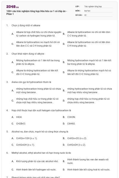 100+ câu trắc nghiệm tổng hợp Hóa hữu cơ 1 có đáp án - Phần 1