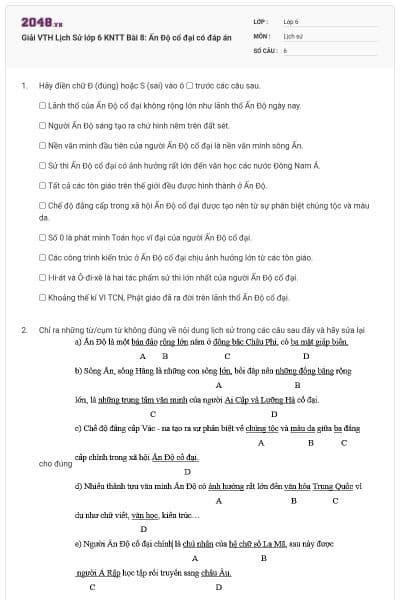 Giải VTH Lịch Sử lớp 6 KNTT Bài 8: Ấn Độ cổ đại có đáp án